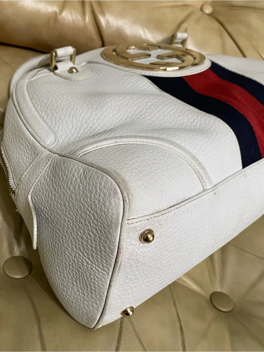 RARE Gucci XL Blondie Travel Bag Dome Satchel Web Stripe Pebble Leather